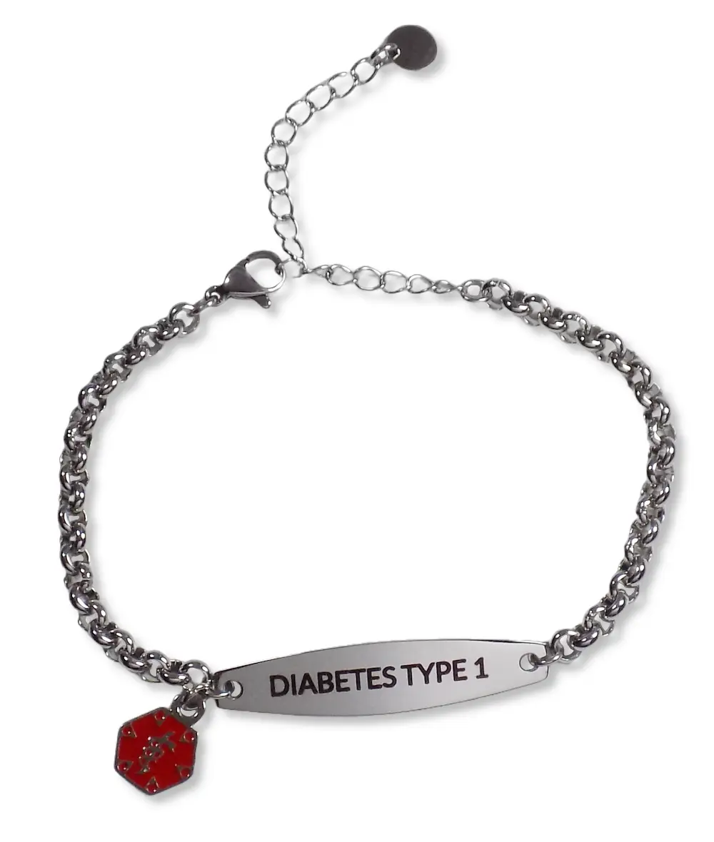 Diabetes Medical Alert ID Bracelet for Adults - Type 1 or Type 2 Engraved, Stainless Steel Chain with Red Charm, Adjustable 6-8 Inch - Max Petals