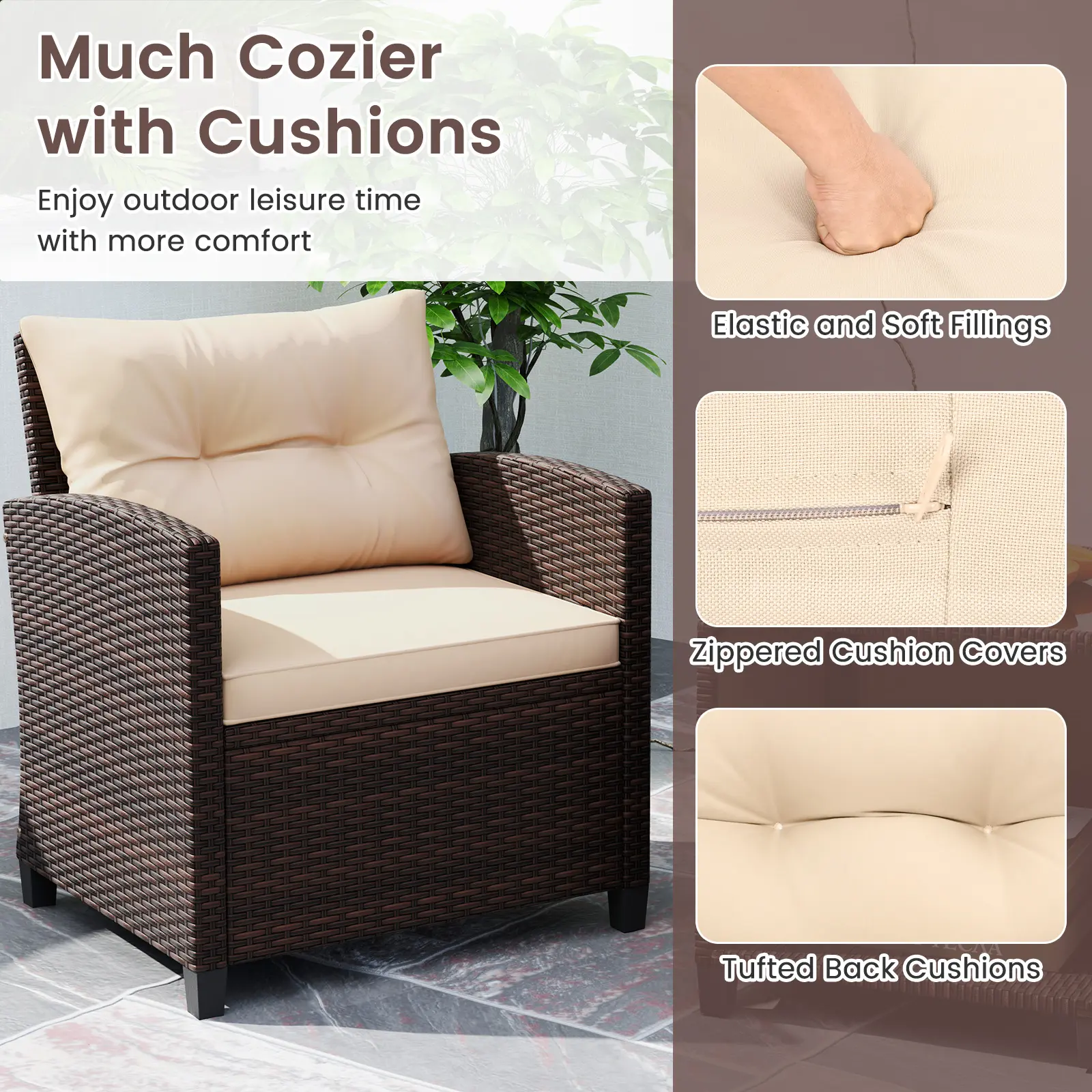 COSTWAY - 3 Piece Patio Sofa Set Wicker Chairs and Coffee Table with Storage-Beige