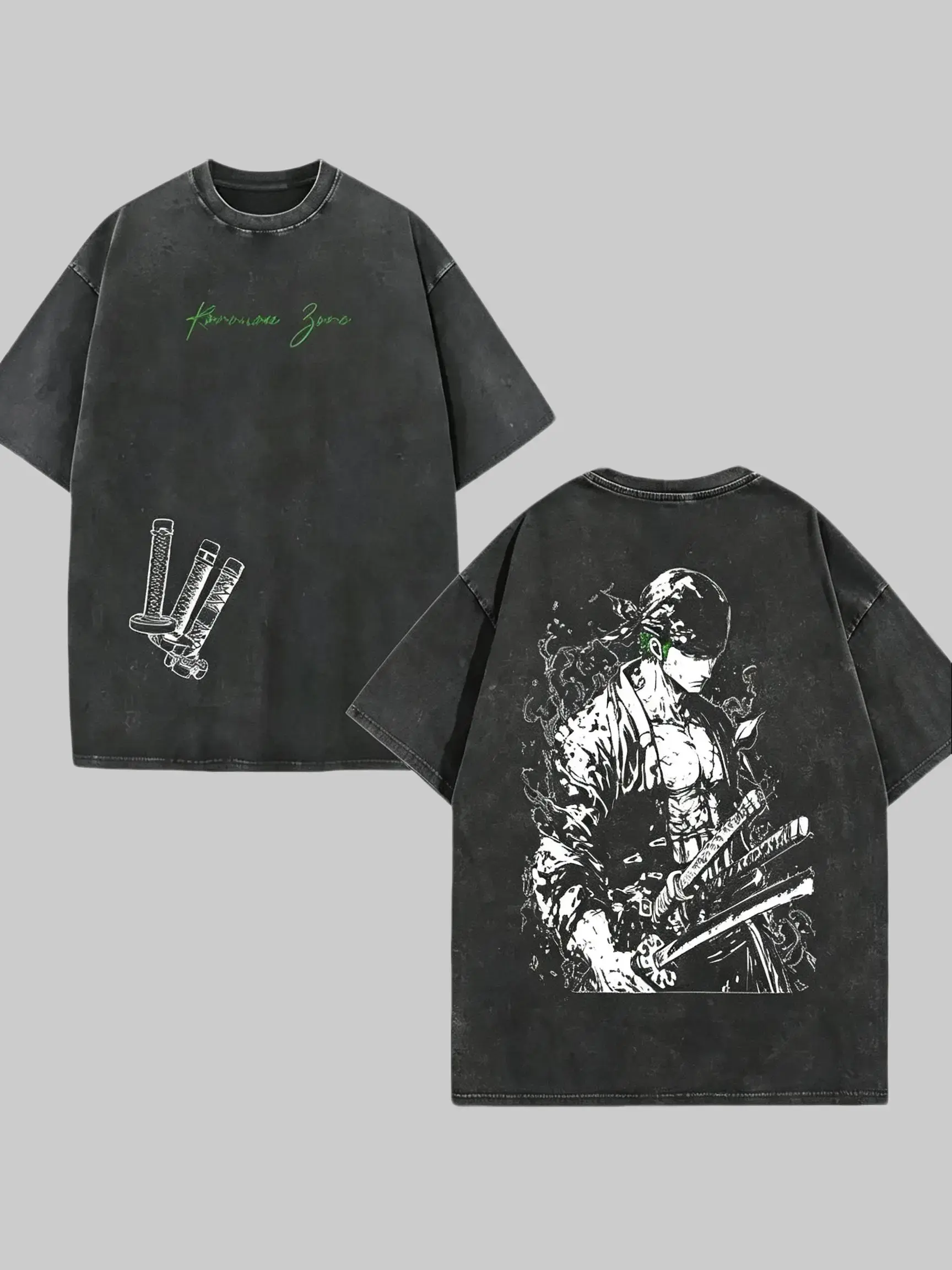 One Piece Zoro Shirt Roronoa Zoro Vintage Washed Black Graphic Tee Oversized Heavyweight Cotton Tshirt Men Women Summer Alt Outfits Retro Japanese Anime Streetwear Swordsman Merchandise