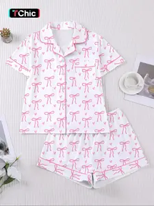 【Valentine's Day】Women's Spring Summer Sleepwear Set, Bow Floral Print, Romantic Valentine's Day Gift, Comfortable Shirt Collar Top & Loose Elastic Shorts