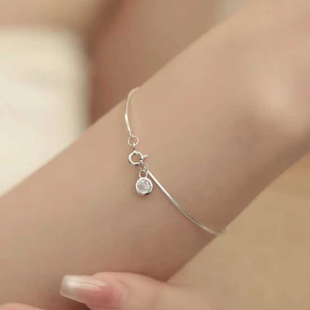 Snake Chain Bracelet for Women, Dainty 925 Sterling Silver Slim Design with Zircon Charm, Non-Tarnish Everyday Jewelry, Slim Bracelet, Womens Bracelet