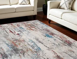 HomeRoots 566065 8x11 ft. Giant Abstract Power-Loom Rectangle Fringe Area Rug, Gray, Blue & Red, Fringe Area Rugs, Giant Area Rugs
