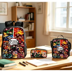 Demon Slayer Backpack Set 3pcs Anime School Backpack Pencil Case Lunch Bag Lightweight Portable Student Backpack for Fans School Outdoor Essentials