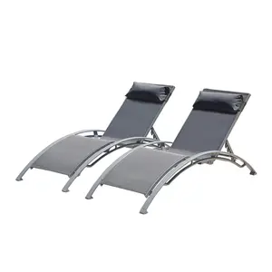 Headrest Pillow Pool Lounge Chairs Set of 2 Dark Grey 2 Lounge Chairs Aluminum Frame Adjustable Positions Textilene Fabric Sturdy Rust-resistant Modern Design
