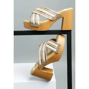 Boho Raffia High Block Heel Clogs