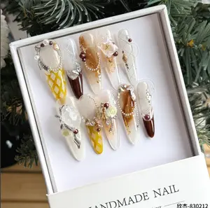 Handmade Autumn Caramel Amber Press On Nails | Hand-Painted Plaid & 3D Rose Design | Pearl Rhinestone Embellished False Nails | Reusable Fall Winter Wedding Nails | Long Almond Fake Nails