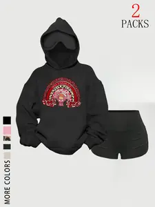 Women's Hooded Sweatshirt Set, Cartoon Rainbow Print, Loose-Fitting, Casual Fall & Winter, Kangaroo Pocket, Daily Wear