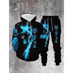 Blue Wolf Pattern Personality Fashion Comfortable Men's Spring and Autumn Long Sleeve Casual Sweatshirt Set