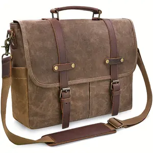 NEWHEY Men's Vintage Brown Synthetic Leather & Waxed Canvas Briefcase - 15.6" High Quality Laptop Bag with Adjustable Strap, Multiple Compartments & Zippered Pocket for Daily Commute, Adjustable Strap Briefcase | Vintage Style Briefcase | S