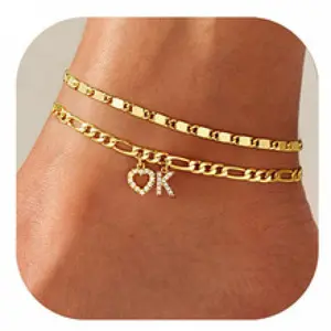 A-Z Letter Heart Pendant Brass Gold Plated Cuban Link Anklet Set Summer Beach Foot Jewelry