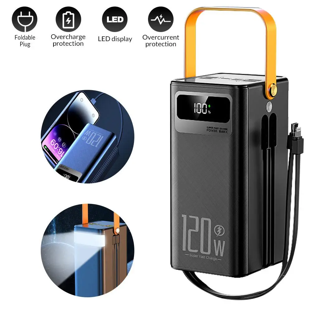 Portable High-capacity Power Bank | 120W Fast USB Charging, LED Power Display/Camping Light/Multi-device Simultaneous Charging, Suitable For iPhone, Android, And Digital Devices, Perfect As A Gift, USB Type-C Chargeable Electronic
