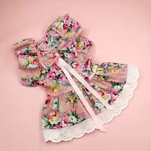 Pink Floral and Plaid Print Mesh Princess Wedding Dress with Doll Collar - Warm Fleece Lined, French Style Pet Clothes for Dogs and Cats, Cute Pet Outfit with Lace Detail and Pearl Pendant, Pet Clothing |   Playful Style Dress |   Polyester Fabric