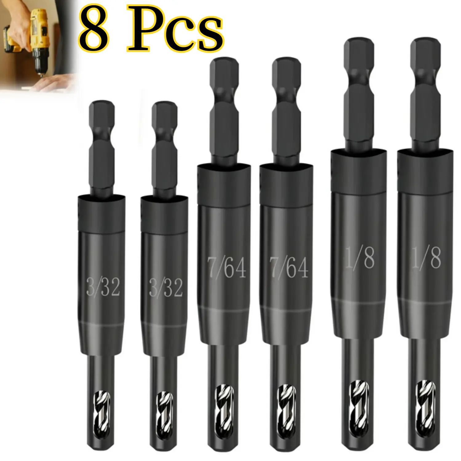 Set fo 8 Self Centering Drill Bit Set , CC2430 3/32", 7/64", 1/8" for 1/4 in Bosch Clic-Change Hex Shank Drill, #6 8 10 Self-Centering Hinge Drill Bit Center Finding Drill Bit - Home Improvement.