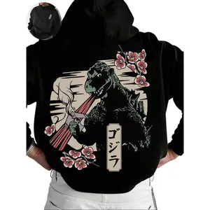Hoodie with Japanese Style Godzilla Print, Casual Daily Wear, Unique Trendy Look, Comfortable Fit, Perfect for Streetwear Fans, Clothes