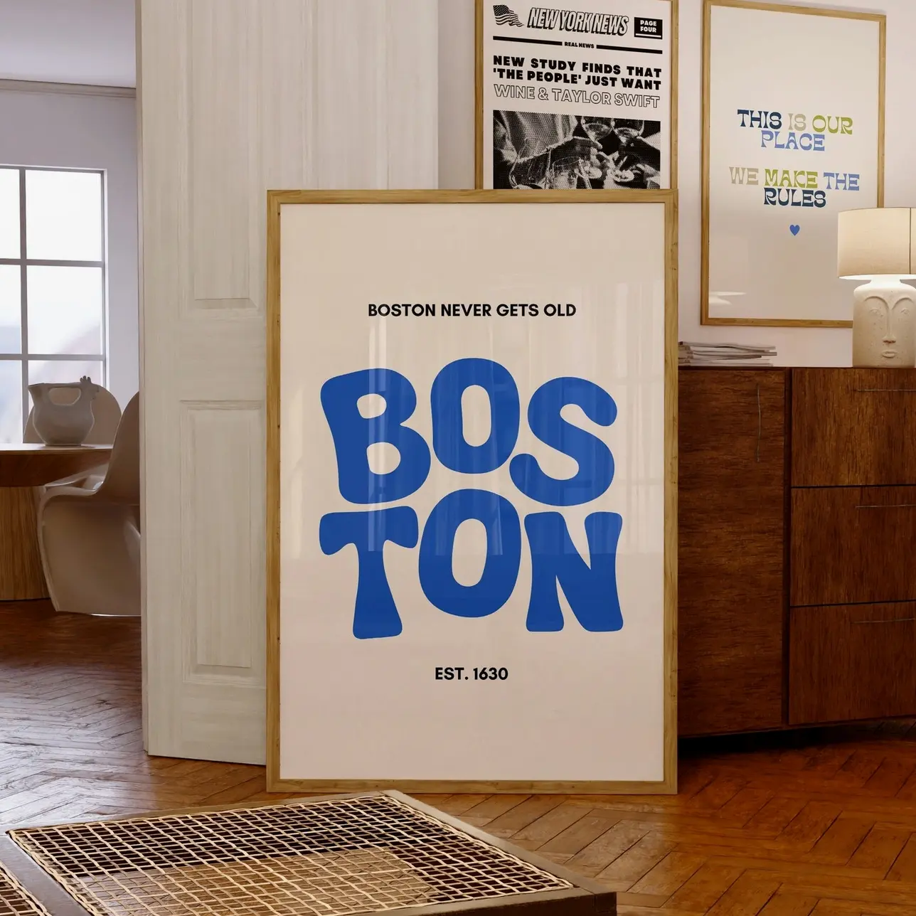 Boston Typography Art Print | Blue Massachusetts City Wall Decor  | Framless Poster M