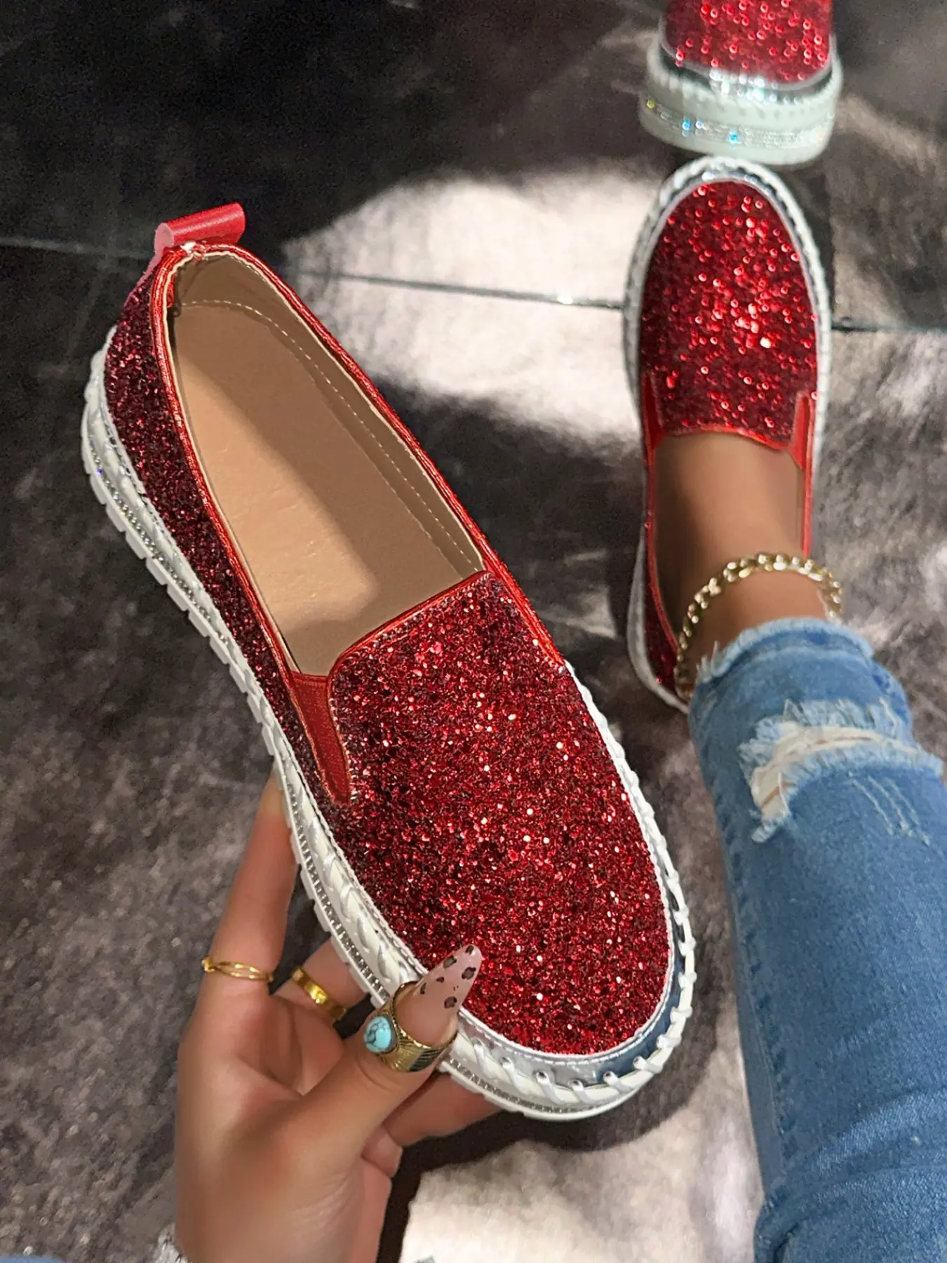 Women's Blingbling Chunky Sole Loafers, One-Click Slip-On Lazy Shoes, Casual Slip On, Street Style Cool Comfort Platform Sneakers, Walking Shoes, Trendy Shoes