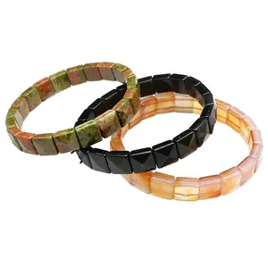 10x10MM Natural Stone Pyramid Square Faceted Beads Strand Bracelets Amethyst Rose Quartz Healing Crystal Rectangle Bangle Women Gemstone Jewelry Gifts for Energy Healing and Meditation