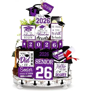 22 count 2026 Graduation Tiered Tray Decor Sets Wooden Graduation Class of 2026 Table Decorations Senior 2026 Gown Diploma Farmhouse Signs for  Shelf Party Office Desk()