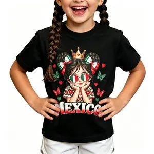 Kids Cotton Mexico Mexican Girl Flag Bow Butterflies Hearts Graphic T-Shirt Viva Mexico Latina Pride Tee Shirt Mexican Independence Day Short Sleeve for Gift Outfit