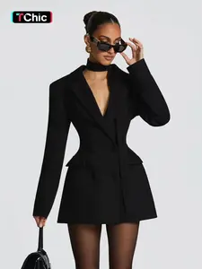 Women's Elegant Business Suit Dress, Deep V Neck Long Sleeve Ruffle Waist Cinched, Spring & Fall Office Wear, Plain Style
