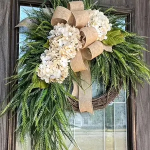 Spring Summer Decorative Wreath, Hydrangea and Willow Leaf Design, Natural Style, Ideal for Home Decoration, Weddings, Festive Occasions
