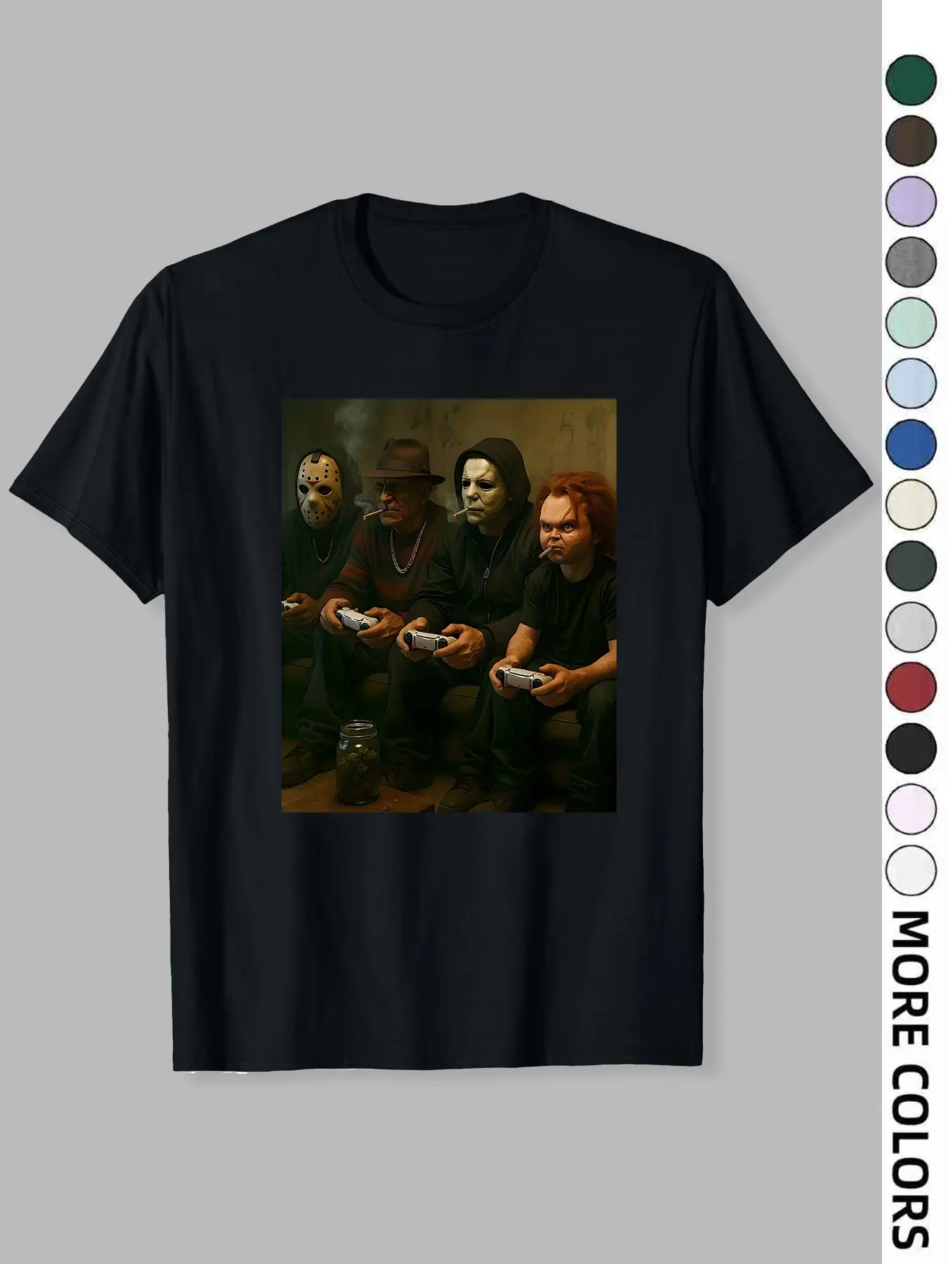 Men's Horror Villains Gaming Graphic T-Shirt - Jason Voorhees, Freddy Krueger, Chucky Playing Video Games Print Black Crew Neck Tee, Horror Movie, Gamer, Classic Streetwear, Casual, Fashion, Soft Breathable Cotton Loose Fit T-Shirt for Men Teens