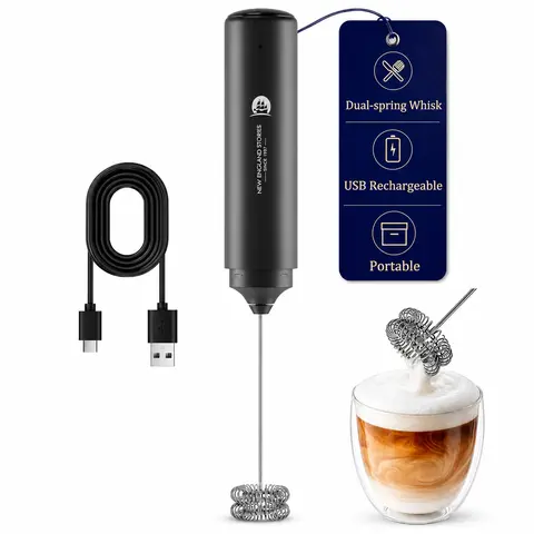 New England Stories Cordless Rechargeable Handheld Milk Frother, Dual-Whisk Electric Drink Mixer, Coffee & Tea Foam-Making Accessory, Portable Powerful Kitchen Appliance,rechargeable milk frother