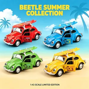 1:43 Scale Vintage Beetle Car Model, Alloy Diecast Pull Back Toy with Openable Doors, Retro Summer Surfboard Design Classic Vehicle, Collectible Car Gift for Kids & Adults, Ideal for Birthday Christmas Halloween