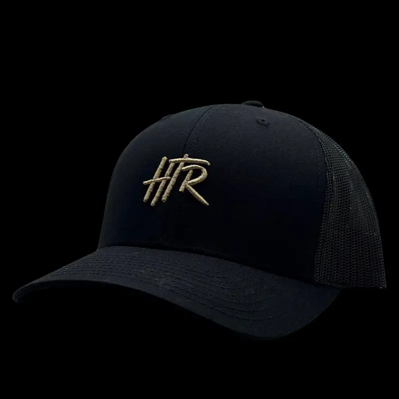 HTR Co. 0005-T Black Meshback Trucker Hat with Tan Embroidered HTR