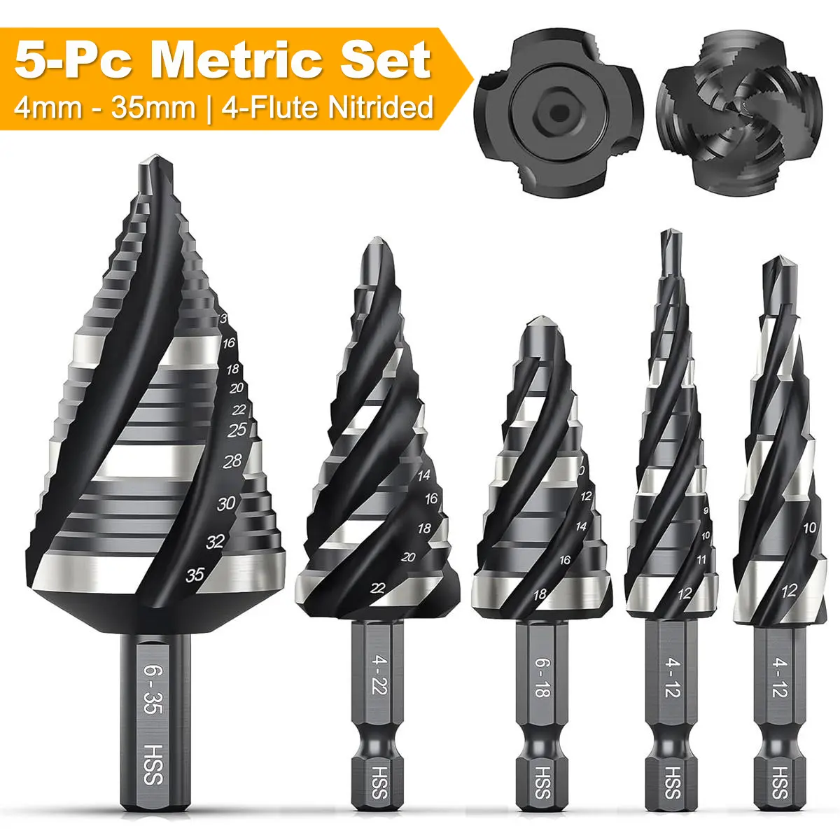 THINKWORK Four Spiral Flute Step Drill Bit Set Metric 5 Pcs HSS Step Drill Bits 6mm & 10mm Shank for Aluminum Wood Plastic Anti Friction Blade Tool