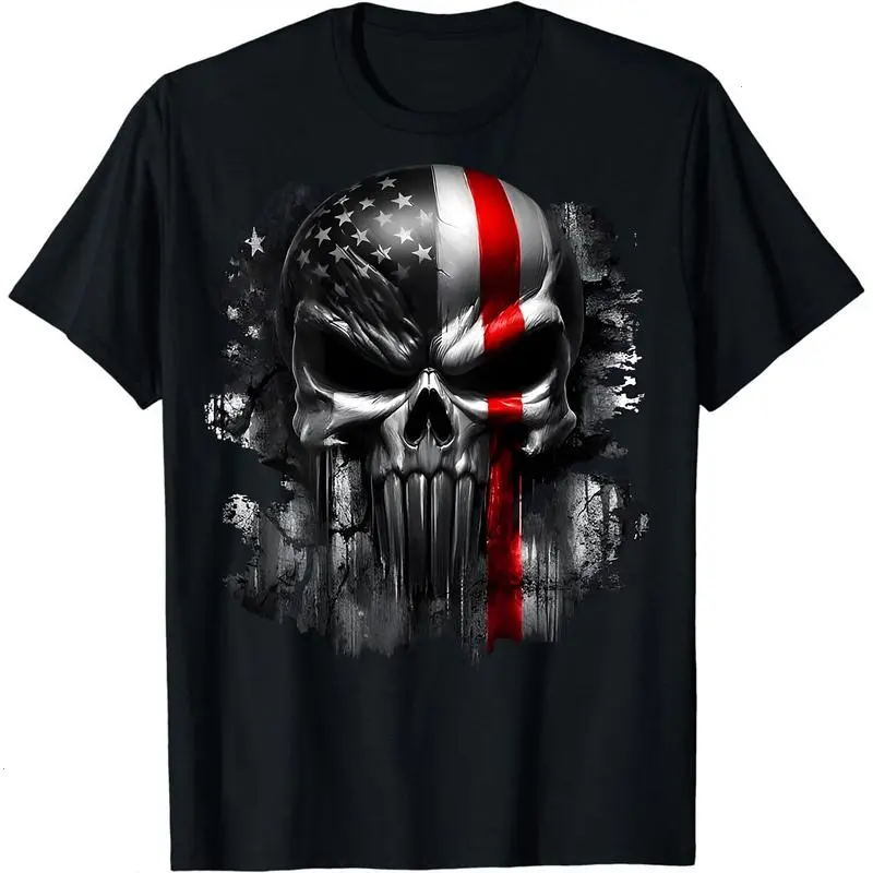 Unisex Gildan Cotton Shirt American Flag Skull T-Shirt | Patriotic Tactical Graphic Tee | Punisher Style Military Veteran Shirt | Thin Red Line Firefighter Support Apparel | Trendy USA Pride Top | Gifts for Heros & Outdoors | Soft Cotton Comfort Fit