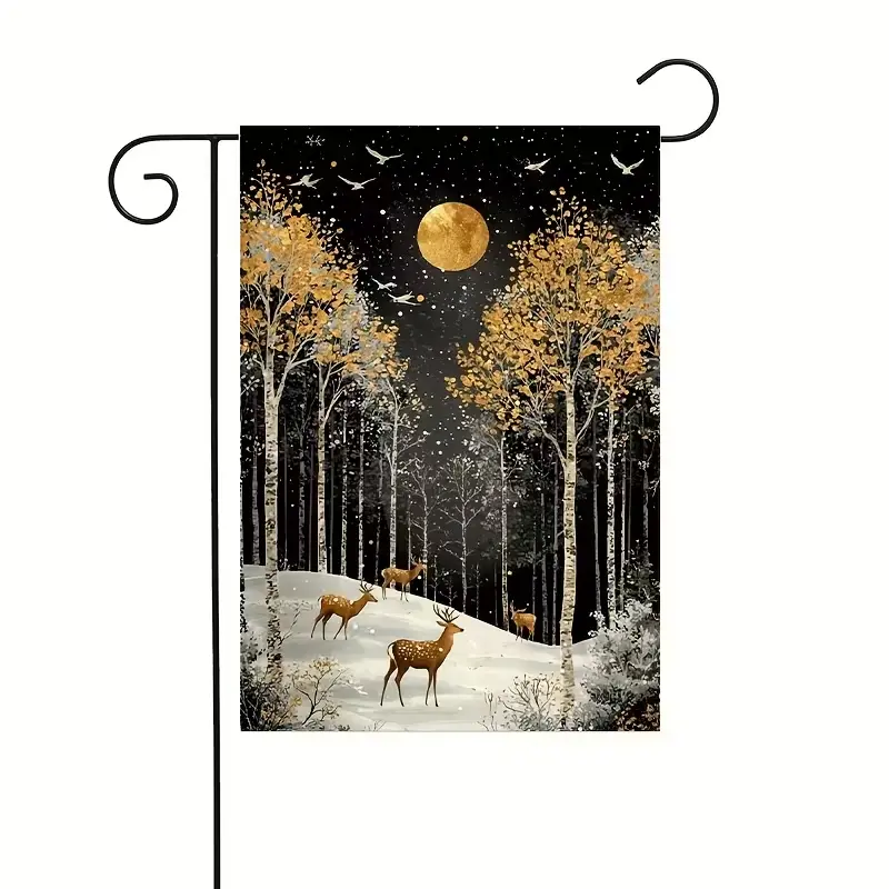 Winter Golden Moon Deer Birch Tree Garden Flag - Single-Sided 2D Flat Print, Snowy Forest White Bird Wildlife Design, Elegant Neutral Look Small Size Christmas Outdoor Decoration for Small House Front Porch Lawn (Flag Stand Not Included), Yard Decoration