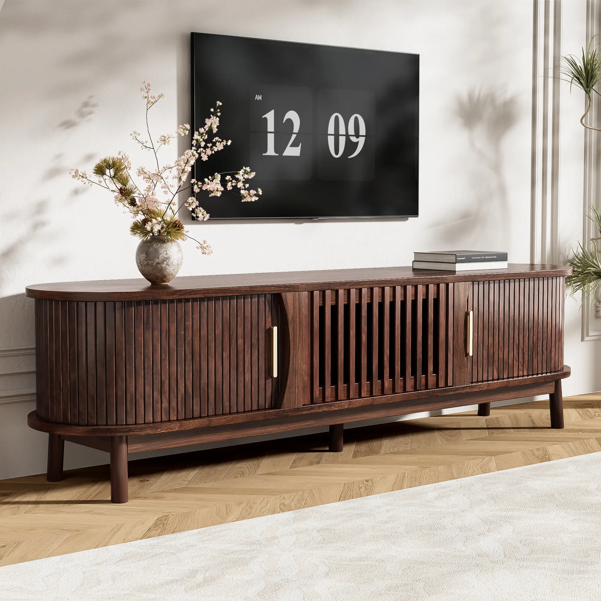 Mid-Century Modern TV Stand for TVs Up to 75 Inches – Wood Entertainment Center with Adjustable Storage Cabinets