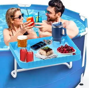 Portable Poolside Swim Up Side Bar Table, Designed for Above-Ground Round/Rectangle/Oval Pools, Blue Portable Outdoor Patio Poolside Bar Table