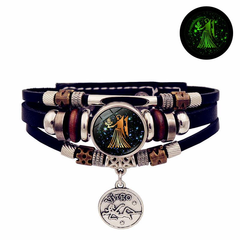 Luminous 12 Zodiac Signs Leather Bracelet — Unisex Gift, Commemorative, Handmade, Multi-Layer Beaded Wristband & Creative Jewelry