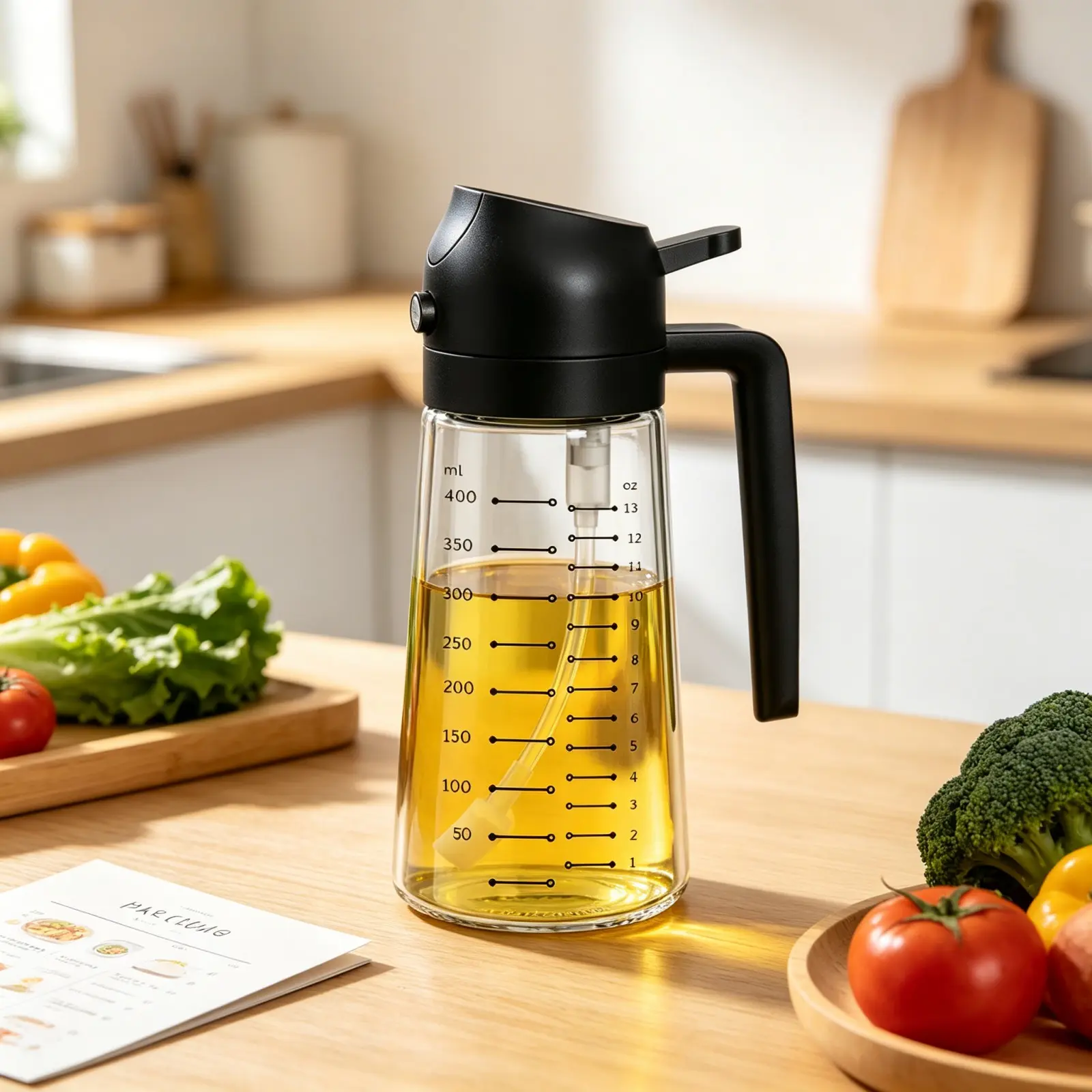 16oz Glass Oil Sprayer, 2-in-1 Dispenser & Portion Control, Kitchen Tool for Air Fryer Salad BBQ Frying（Black+Green+White）