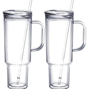 40 oz Tumbler with Handle and Straw Lid, Double Wall Vacuum Reusable plastic Water Bottle Travel Mug Cup, Classic Transparent Tumblers Drinkware