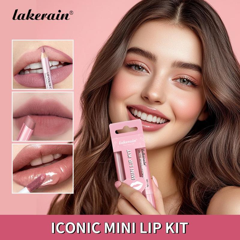 Iconic Mini Lip Kit, 3 Counts/Set, Waterproof and Smudge-Proof Lipstick Set, High-Pigment Lip Liner, Matte Lip Pencil, Lip Liner+Matte Lipstick+ Lip Gloss, All-in-One Longwear Lip Makeup, for Outdoor and Travel, Lip Cosmetics, Lip Makeup