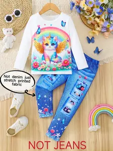2-Piece Girls' Set, Baby Clothes Girl: Cute Cat Print Top & Denim-Look Stretch Pants with Butterfly & Flower Prints, Soft, Comfortable, Elastic Waistband for Easy Wear, Perfect for Outdoor Play, Riding, Daily Wear, Ideal Gift for Little Princess