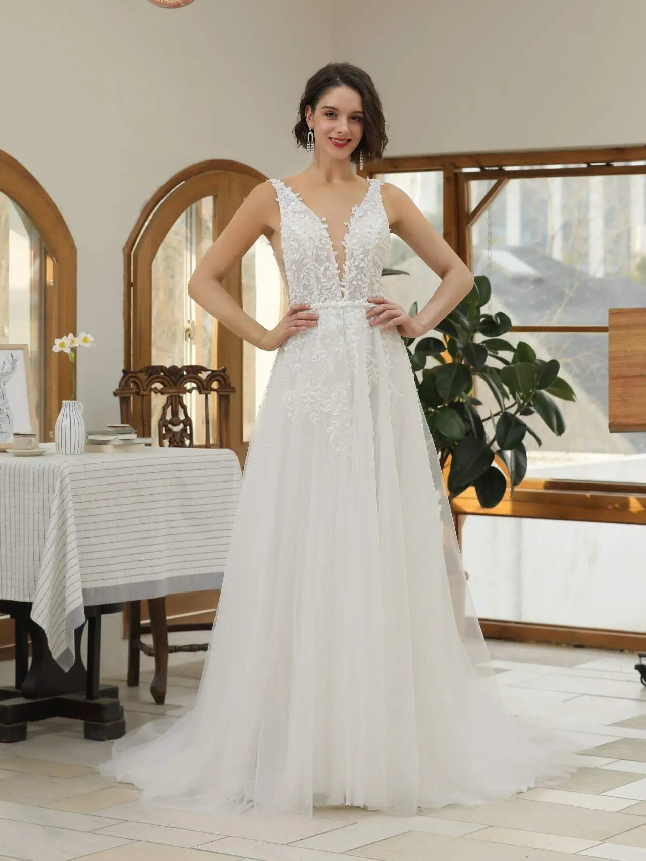 Elegant A-Line Wedding Gown for Women in Beaded Lace and Tulle with Plunge Neck, Chapel Train, and Side Cutouts - Plus Size, Women's Clothes