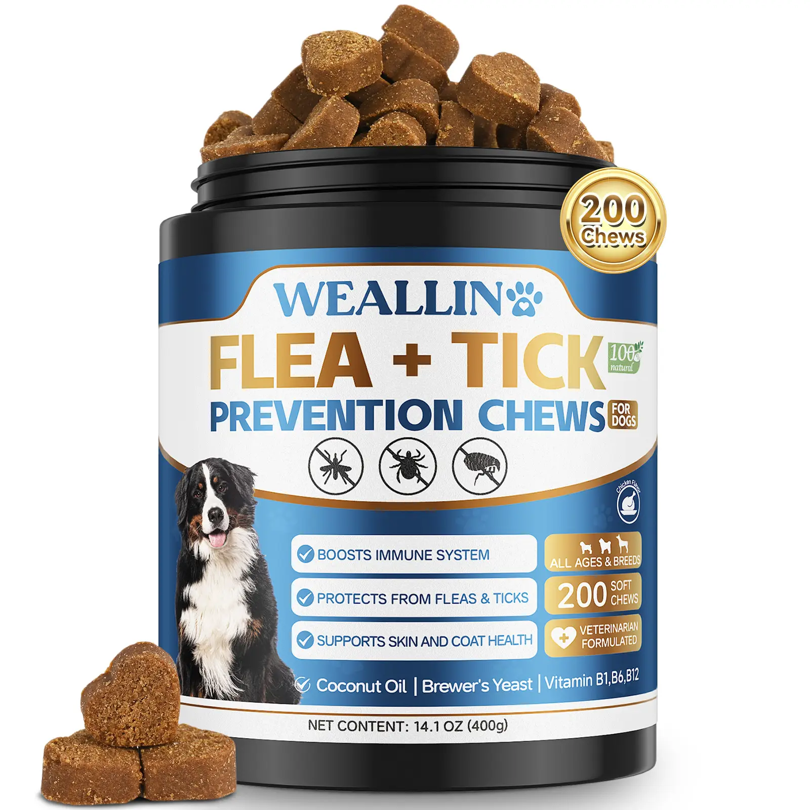 WEALLIN Flea & Tick Prevention Chews for Dogs - Natural Oral Supplement with Coconut Oil & Flaxseed - 200 Soft Chews - 3 Months Protection - Gentle Fo
