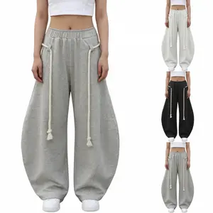 Women’s Curved-Leg Pants with Elastic Waist Rope Drawstring and Pockets Comfortable Unisex Casual Trousers Cloud-Level Comfort Fabric