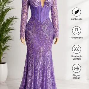 Women's Elegant Purple Mermaid Gown - Longsleeves, Intricate Embroidery, Formal Wear, Womenswear Style for Special Occasions