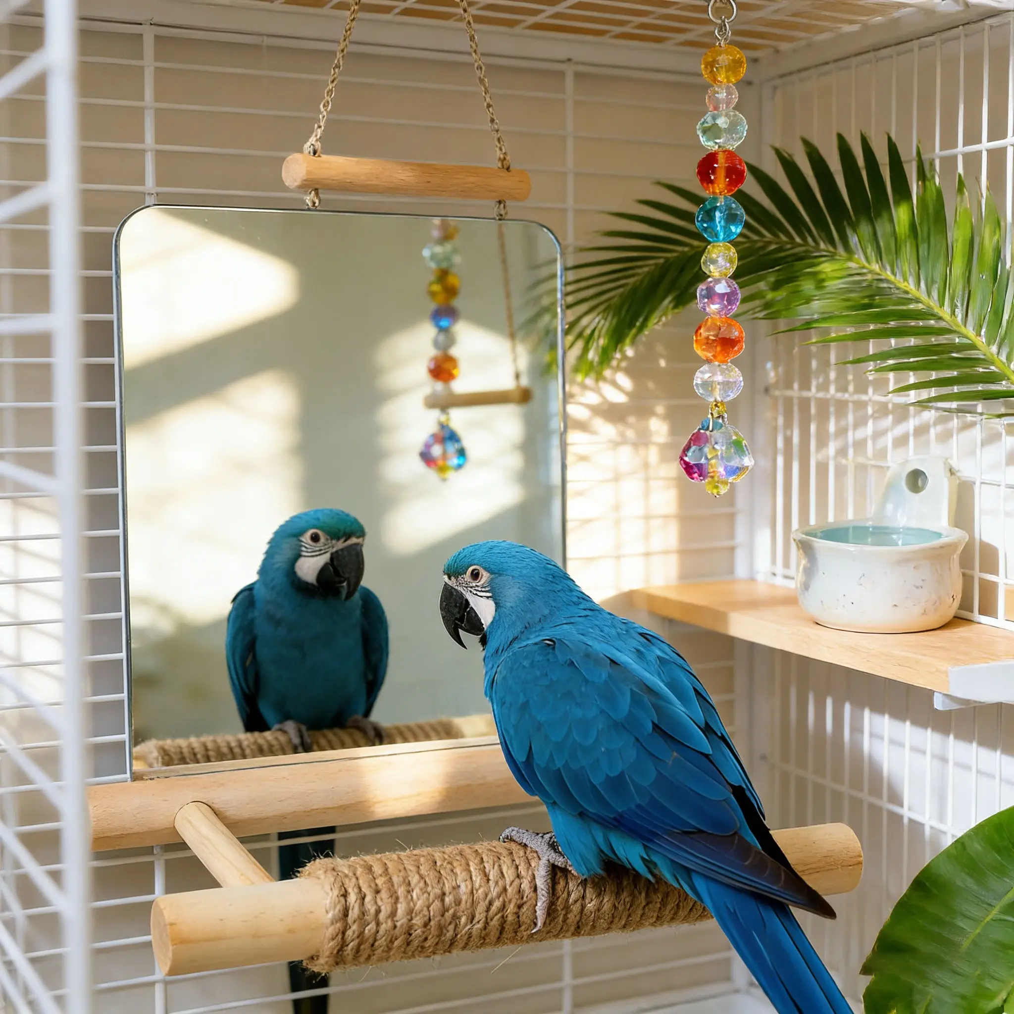 1pc Assembled Parrot Wooden Construction Rope Platform with Acrylic Mirror, Climbing Ladder & Perch Stand, Boredom Relief, Mental Stimulation & Claw Grinding Durable Training Toy for Pet Birds, All-Season Universal, Bird Perches