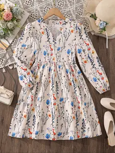 Girls Floral Print V-Neck Bubble Long Sleeve Dress, Comfortable Casual Party Wear, Perfect for Vacation and Gatherings, Floral Pattern Dress