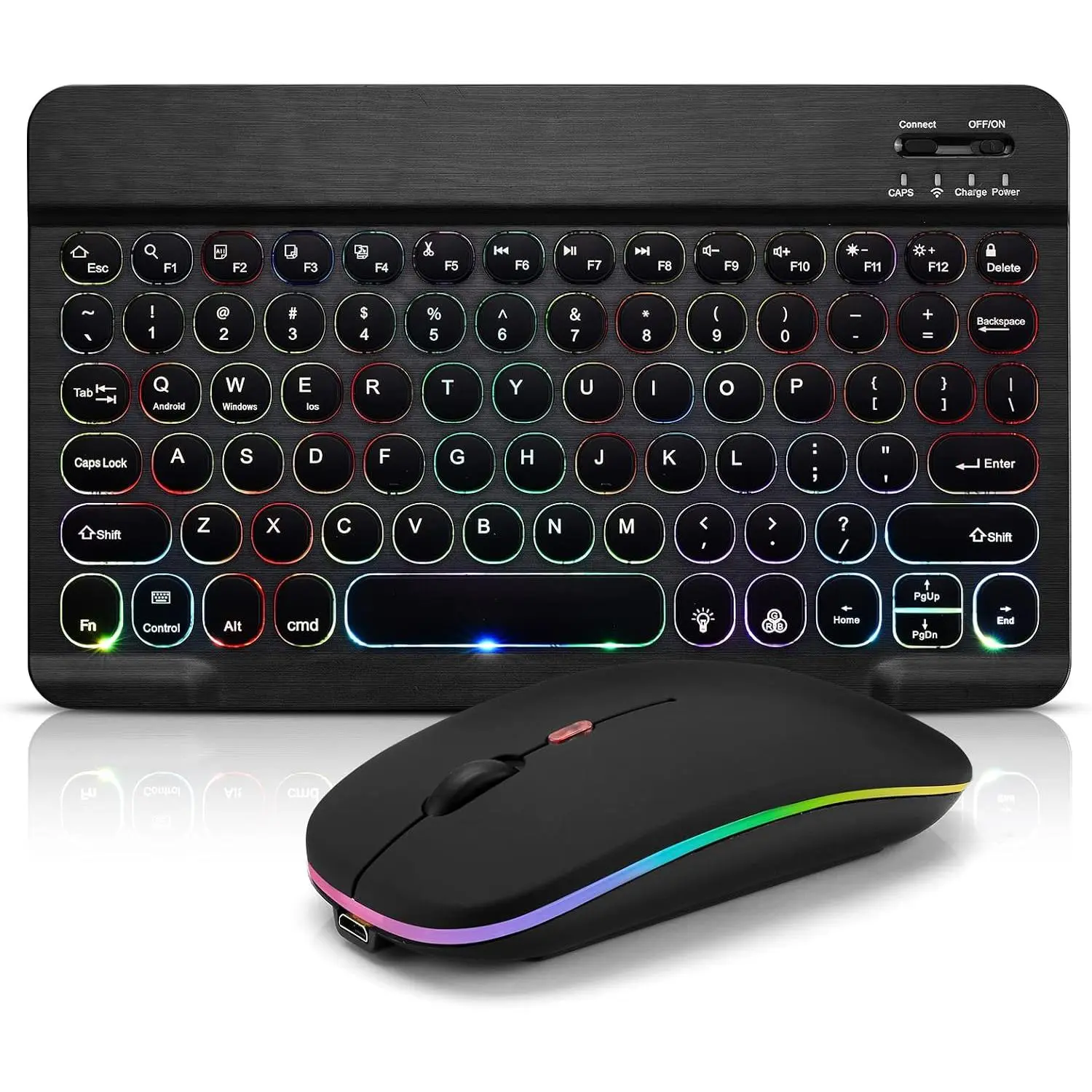 Round Black Ultra-Slim Rechargeable RGB Backlit 7-Color Keyboard, Portable Mini Keyboard for iPad, Tablet, Smartphone (iOS, Android, Windows), Rgb Backlit Keyboard
