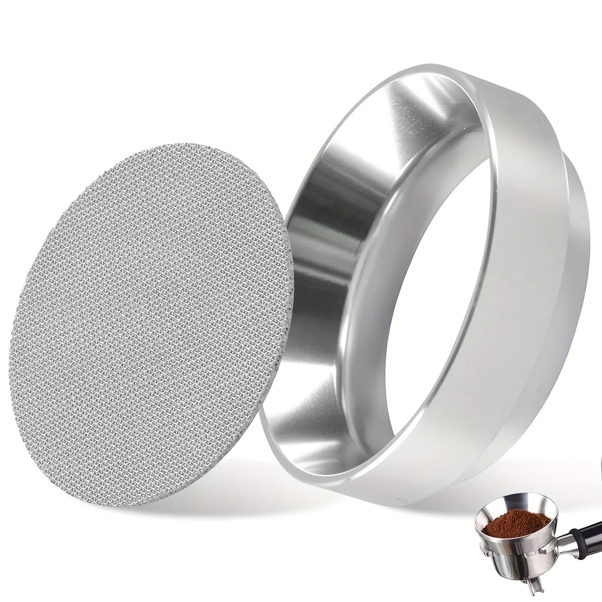 Coffee Bottomless Portafilter Coffee Brewing Accessories Set of 2, Coffee Equipment - Include 58MM/53MM Aluminum Dosing Ring & Stainless Steel Espresso Puck Screen, Coffee Filter Screen / Funnel Replacement Parts
