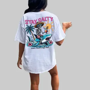 Beach Shirt Fashionable Summer Coconut Girl Clothing Skull Pattern T-Shirt Coastal Style College Style Patterned Cotton Top
