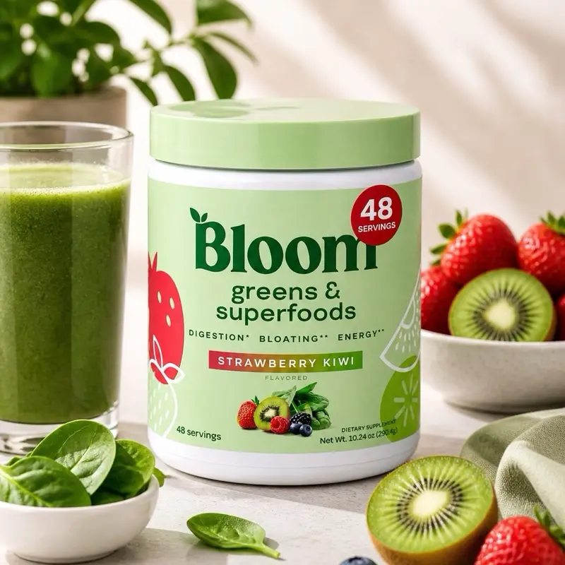 Bloom Nutrition Edible Organic Greens & Superfoods Powder, Strawberry Kiwi Flavor, 10.24oz (0.5 lbs), Non-GMO, Allergen-Free (Gluten-Dairy-Soy), Enzyme-Rich, Gut Support, Energy-Boosting, 48-Serving Health Dietary Supplement, Smoothies, Sugar Free