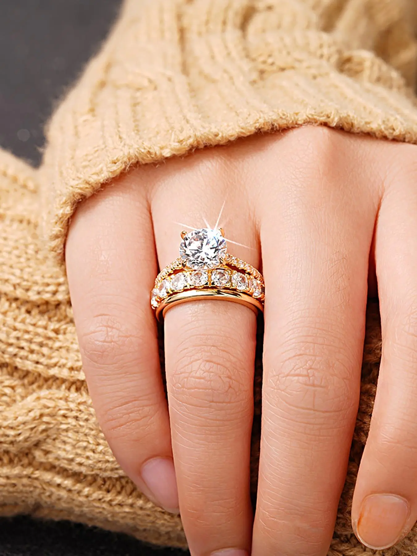Temperament Zircon Three Sets Of Rings, Exquisite Fashion Jewelry, Suitable for Women, Wedding Engagement Commitment Party Daily Three Stone Ring, Princess Rings, Stunning Ring Set